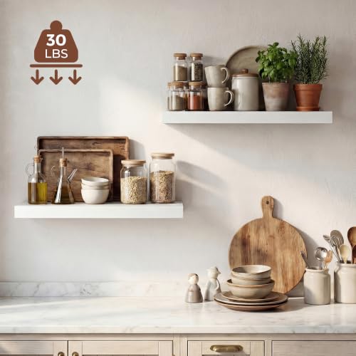 Image of Dreamland 24 Inches Floating Shelves for Wall,9.3 inch Deep Long Floating Shelves Set of 2,Large Display & Storage Shelf,Wall Shelf for Bathroom Bedroom Living Room Kitchen Office,White