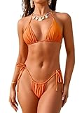 Damen Triangel Neckholder Bikini Set Sexy String Brazilian Bikini Verstellbare Bademode Seitlicher Schnürung Zweiteiliger Badeanzug Swimsuit, Farbe: Orange, Größe: S