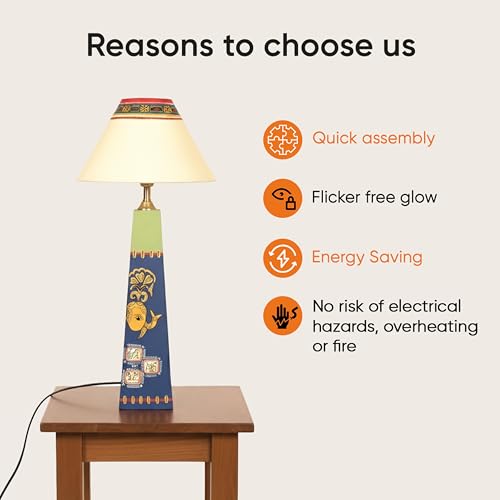 Image of AAKRITI ART CREATIONS MDF Board Table Lamp for Study Room, Bedroom & Living Room Decoration | Madhubani Madhubani Peacock Motif Bedside Lamp with Cotton Fabric Shade | Aesthetic Night Lamp