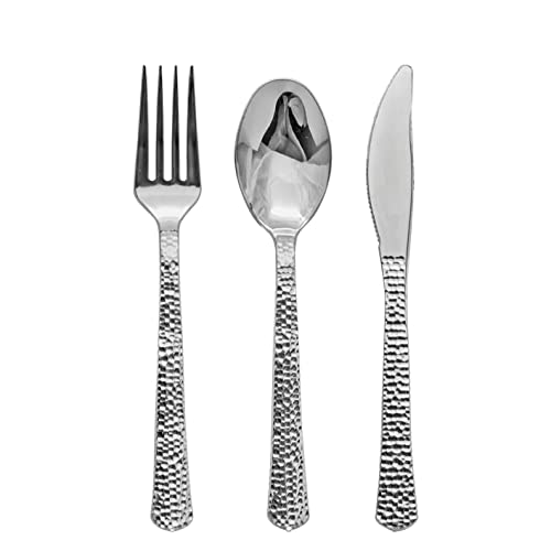Decorline- Set de Couverts réutilisables 180 pièces- plastique rigide écologiques pour une utilisation quotidienne durable - Effet Martelé - Argent