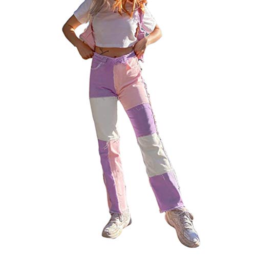 Aton D. Women High Waisted Jeans Flare Denim Ripped Trousers Bel Bottom Color Block Patchwork Pants Capris (Pink, S)