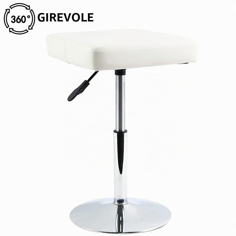 FURWOO - Sgabello quadrato in pelle PU, altezza regolabile, sgabello girevole per garage, medico, spa, barbiere, lavoro con ruote, per la casa, piccolo(Whtie)