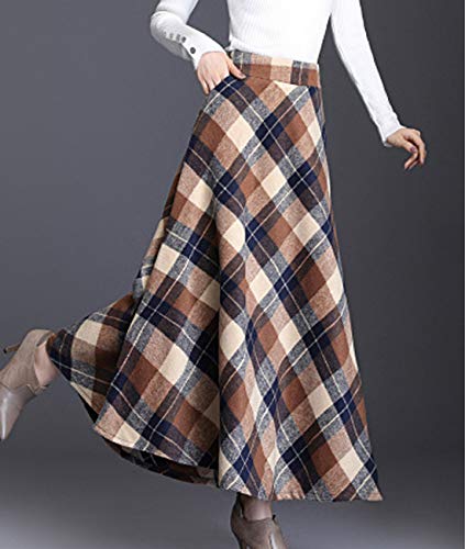 Femiserah Women's Retro High Waisted A-Line Fall/Winter Long Plaid Wool Skirt3