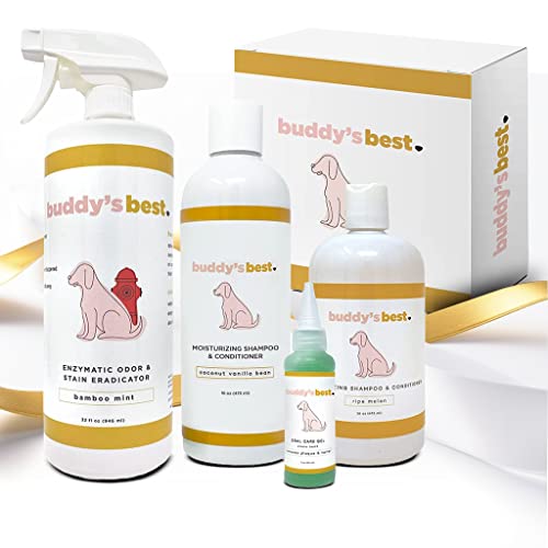Buddy's Best Dog Gift Box for Holidays & Special Occasions - Pet Package with Odor Eradicator (32oz), Oral Care Gel (2oz), and Shampoo Bottles, Coconut Vanilla (16oz) & Ripe Melon (16oz)