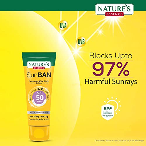 NATURES ESSENCE Sunban Suncreen SPF 50 PA+++ | No White Cast and Broad Spectrum Sun screen | For All Skin Types | Non Greasy | Lightweight | For Men & Women | 30ml