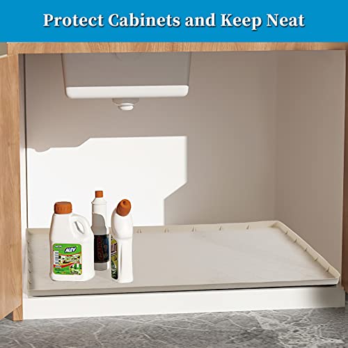 Under Sink Mat For Kitchen Waterproof, 34" X 22" Undersink Mats For Bottom Of Bathroom Sink With Drain Hole, Waterproof Kitchen Bathroom Under Sink Tray And Protector For Drips Leaks Spills, Beige #TOP3