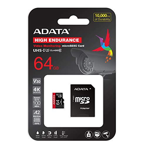 Image of ADATA HIGH Endurance 64GB microSDXC /SDHC, UHS-I U3, V30, A2 Card,R /W Speed Upto 100 /80MB /s-AUSDX64GUI3V30SHA2-RA1