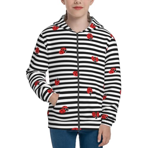 Ladybugs on Black and White Striped Kid Hoodies Boys Zip Up Sweatshirts Girls Pullover with Pocket3