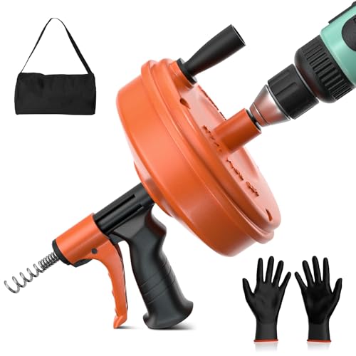 【2025 Newest】50 FT Drain Snake, Plumbing Snake Drain Auger Hair Clog Remover, Flexible Plumbing Snake Use Manually or Powered for Kitchen,Bathrom and Shower Sink Gloves for L-Type Sewer