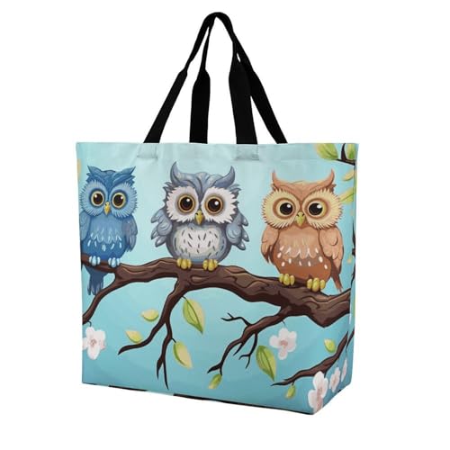 Rrtsmsgh Large Tote Bag for Women - Reusable Grocery Bags Heavy Duty Polyester Tote with Sturdy Handles, Large Capacity Owls on A Branch Travel Bag Fashion Shoulder Bags for Gym Travel Work