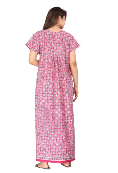Image of Kuruti B Sheets Cotton Nighty for Women Jaipuri Print 2 Button Round Neck Short Sleeve Night Gown | Maxi Dress