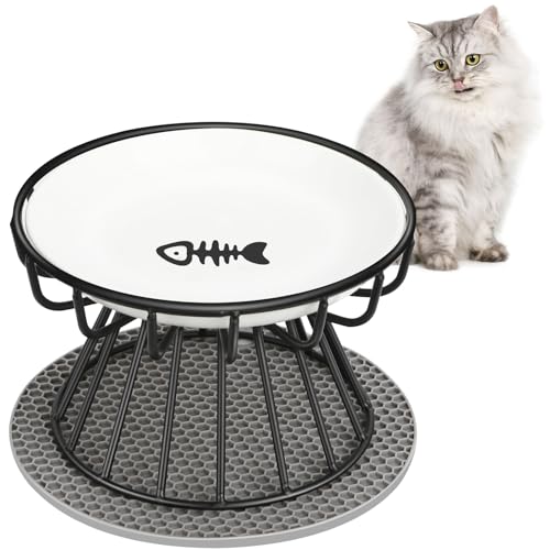 Avmvnvc Camisola e bebedor elevado de cerâmica para gatos - com suporte e tapete antiderrapante, tigela plana antivômitos para cães