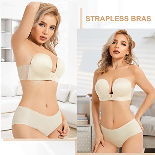 Rgainon Backless Strapless Bra Adjustable Buckle Invisible Sticky Bra For Women Breast Lift Bra Silicone Push Up Bras Beige #TOP2