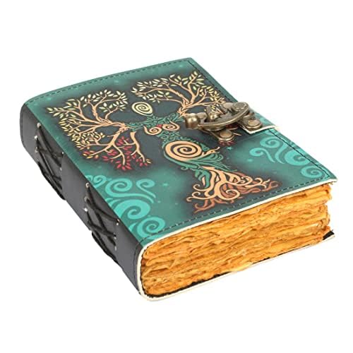TUZECH Book of Spells Leather Bound Journal Deckle Edge Paper Grimoire Printed Diary Spiral Gothic Notebook Antique Vintage Book for Men and Women (Green Lady)