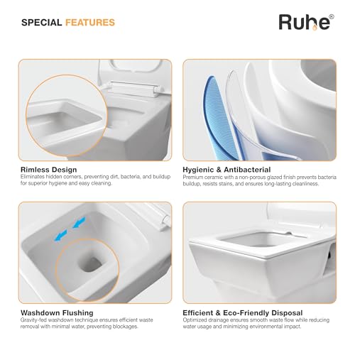 Image of Ruhe Alvo Wall-Hung Rimless Western Commode with Washdown Flushing System | P-Trap | 20.5 x 14.4 x 13.4 inches | Ceramic White Glossy Finish, Space-Saving Design | Includes Soft-Close Seat Cover