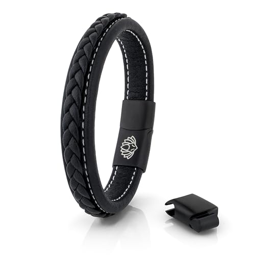 Akitsune Fides Lederarmband |Armschmuck Frauen Herren Edelstahl Männer Armband - Mattschwarz - Schwarz 18cm