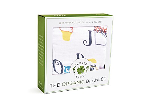 Clover & Sage Organic Muslin Baby Toddler Blanket - 100% Hypoallergenic Cotton Bed Blankets - Alphabet #TOP6