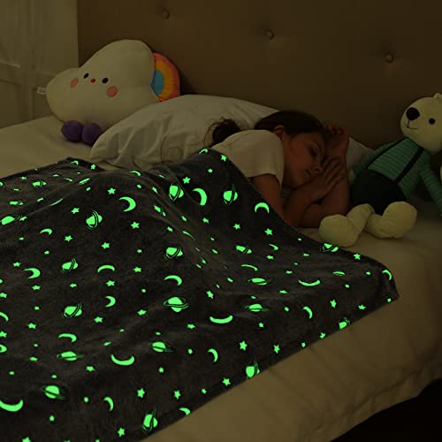 Sochow Glow In The Dark Throw Blanket 40 X 50 Inches, Galaxy Stars Pattern Soft Cozy Flannel Fleece Blanket For Boys Girls, All Seasons Grey Gifts Blanket For Kids #TOP4