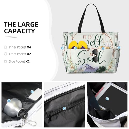It Is Well With My Soul Floral Christian Large Capacity Beach Travel Bag – Lightweight Foldable Waterproof & Sandproof Tote With Multiple Pockets,Beach Vacation Essentials3