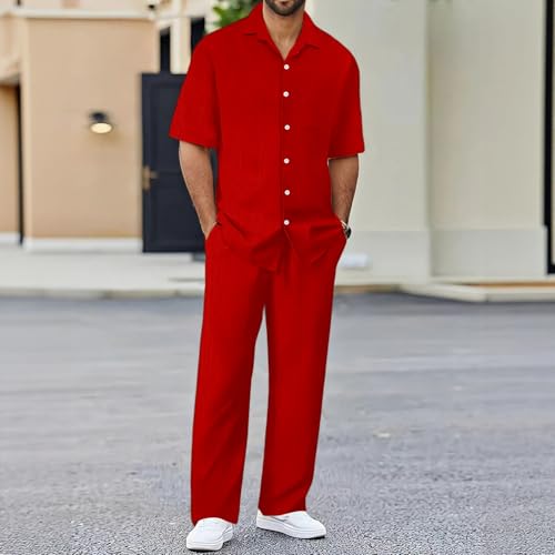 2 Piece Set For Men Summer Vertical Striped Textured Outfits Casual Button Down Shirts And Pants Matching Sets3