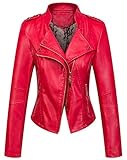 chouyatou Women's Candy Color Asymmetric Zip Slim Faux Leather Cropped Moto Jacket (Medium, Red)