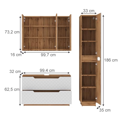 Vicco Set Di Mobili Da Bagno Rovere/Bianco Con Struttura In Piastrelle 3 Parti - 2