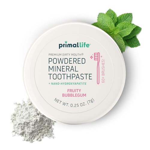 Image of Primal Life Organics - Dirty Mouth Toothpowder, Tooth Cleaning Powder, Flavored Essential Oils with Natural Kaolin & Bentonite Clay, Good for 60+ Brushings, Organic, Vegan (Sweet Bubblegum, 0.25 oz)