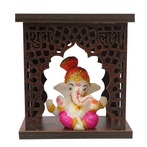 Image of EXPLEASIA Pagadi Ganesha Idol with Wooden Temple with Rakhi for Home mandir Temple car Dashboard Gift Items Festival Item showpiece