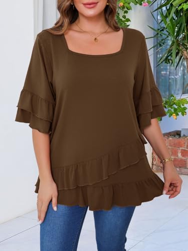 Beauhuty Womens Plus Size Tops Square Neck Tunic Double Ruffles Hem 3/4 Sleeve Shirt Casual Trendy Flow Loose Dressy Blouse2