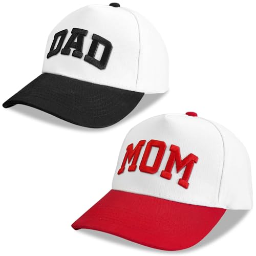 Mom and Dad Hats for Men Women, Adjustable 3D Embroidered Mama Papa Baseball Caps New Parents Gifts. Red Mom and Black Dad Hats