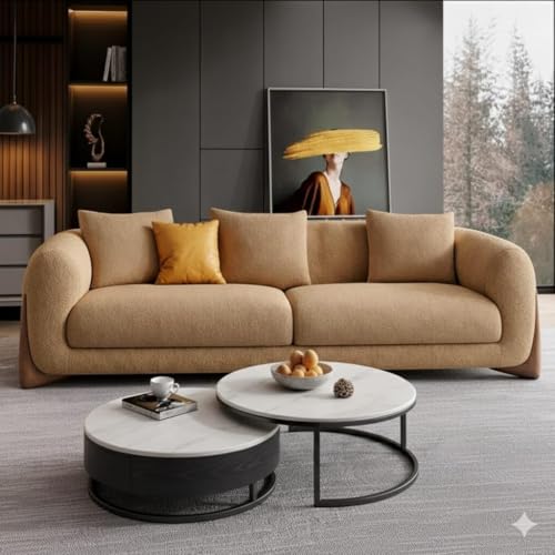 Image of Modern Sofa Chesterfield Design with Stylish Wooden Legs Bouncy Teddy Fabric Brown Finish Sofa for Living Room, Bedroom, Hallways (3 Seater)