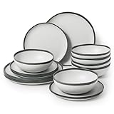 La Joventino Juego de vajilla vintage de melamina con borde gris para 6 personas, juego de platos y cuencos de camping, juegos de vajilla duraderos para uso en exteriores