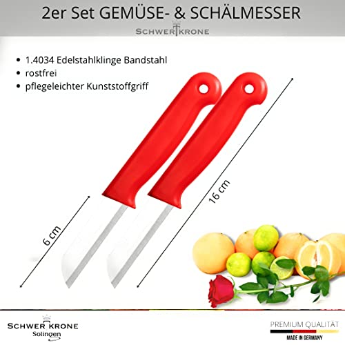 Foto von Schwertkrone® Schälmesser 2er Set [MADE IN SOLINGEN - GERMANY] - Gemüsemesser Obstmesser - Küchenmesser klein scharf - Schneidemesser Kartoffelschälmesser - Allzweckmesser (2x rot - 6cm Klinge)