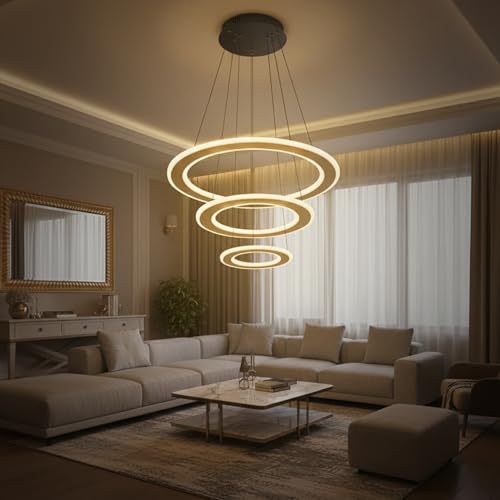 Image of 3 Ring Modern LED Chandelier Ceiling Lamp | Gold Finish Pendant Light with 3 Color | Decorative Chandelier for Living Room, Dining Room, Bedroom, Restaurants & Cafe Interior, Home & Office
