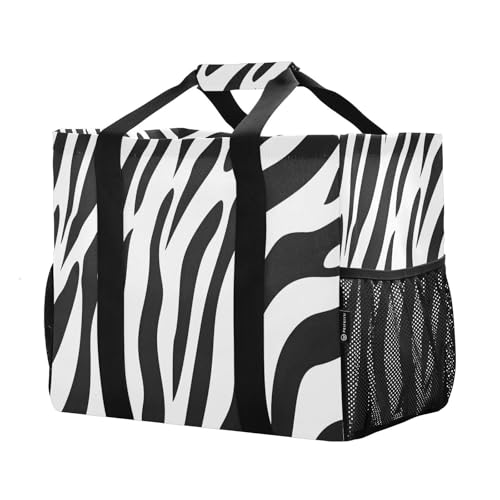 Large Waterproof Travel Tote Bag for Women Men, Animal Zebra Print Skin Canvas Beach Bag with Lining & Pockets - Reusable Grocery/Laundry/Kitchen/Pool/Picnic Tote (15.4x9.8x12.8in)2