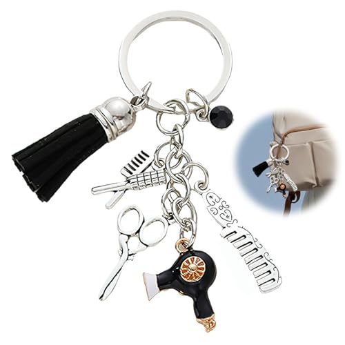 Cncedi Portachiavi creativo con nappa, ciondolo a forma di pettine per parrucchiere, forbici e asciugacapelli, regalo per proprietari di saloni, parrucchieri, per zaini, vestiti, decorazione, Nero ,