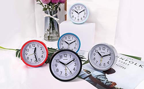 Peakeep Battery Operated Alarm Clock Silent Non Ticking, Gentle Wake, Increasing Beep 4 Inches Round Clock Volume, Easy Set (Black) #TOP6