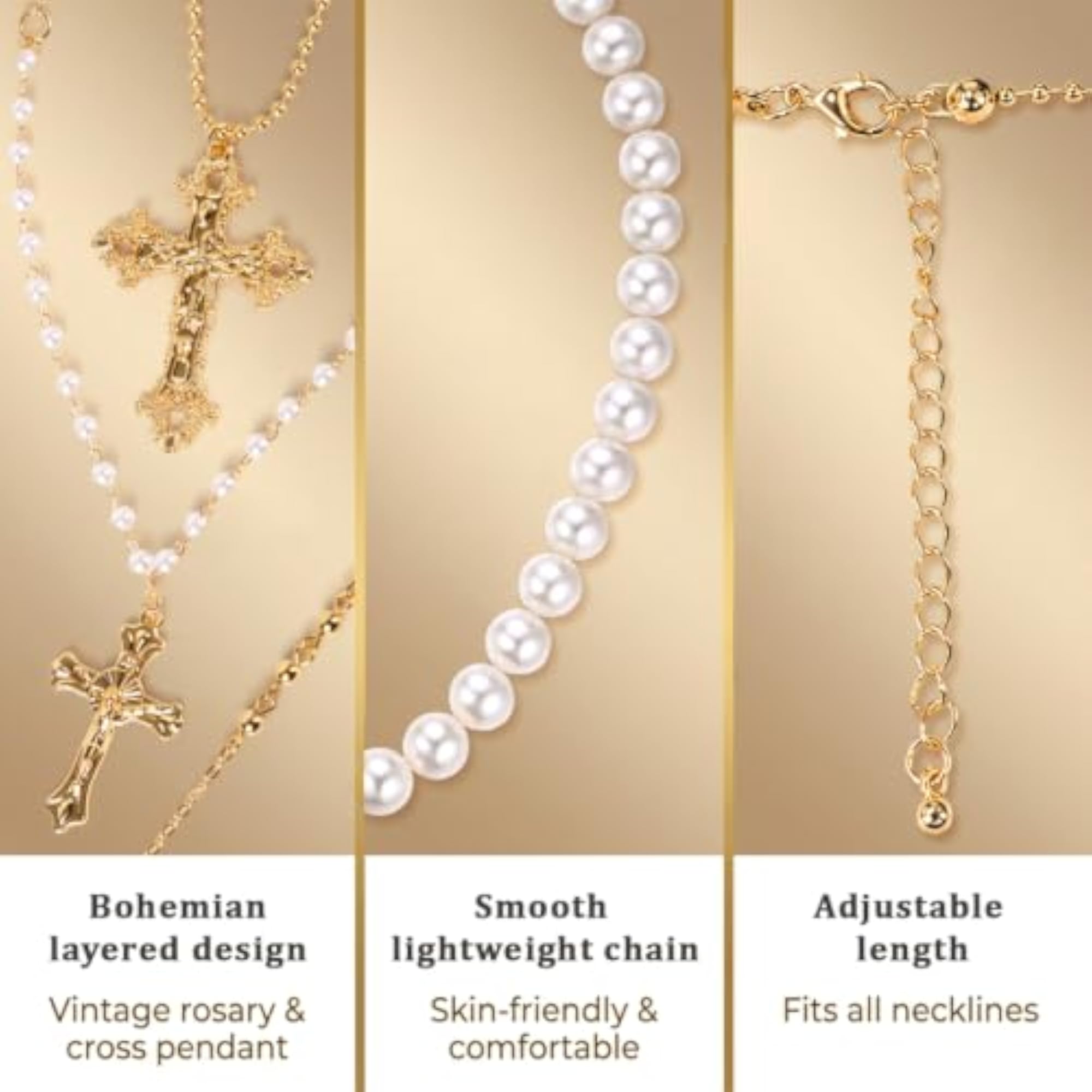 Women's Layered Gold Cross Necklace with Pearl Beads