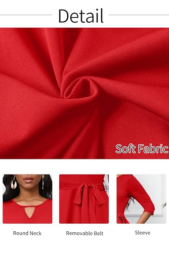Image of CLOCOR Midi Dresses for Women Casual A-Line Fit and Flare Dress Crewneck 3 /4 Sleeve Keyhole Cocktail Party Church Dress