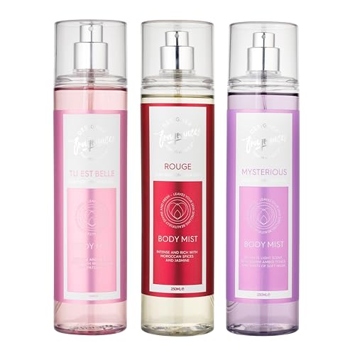 Designer Fragrances 3 Pack Assorted Bundle - Tu Est Belle - Rouge - Mysterious - Women's Feminine Body Mist Sprays - For Silky Soft, Beautifully Smelling Divine & Fresh Skin, Great Gifts - 250ml