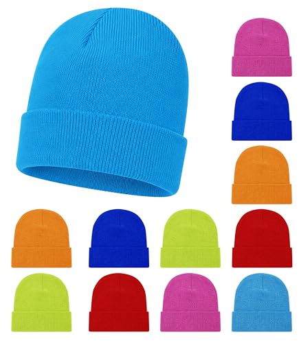 Winterlace Kids Winter Beanies, 12 Pack Warm Cold Weather Hats Boys Girls Children (Assorted Bright Colors)
