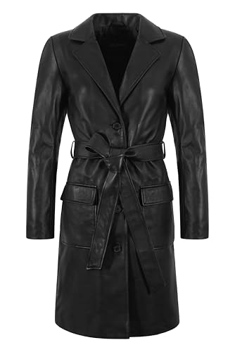 Trench-coat en cuir véritable pour femme manteau long élégant à col tailleur 4133