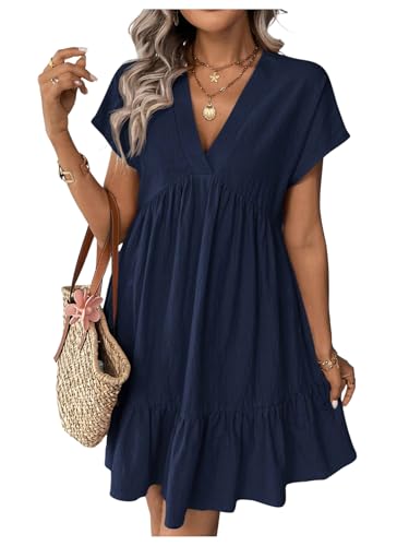 SOLY HUX Women's Summer Dress V Neck Short Sleeve Ruffle Hem Babydoll Flowy Loose Short Dresses Sundress