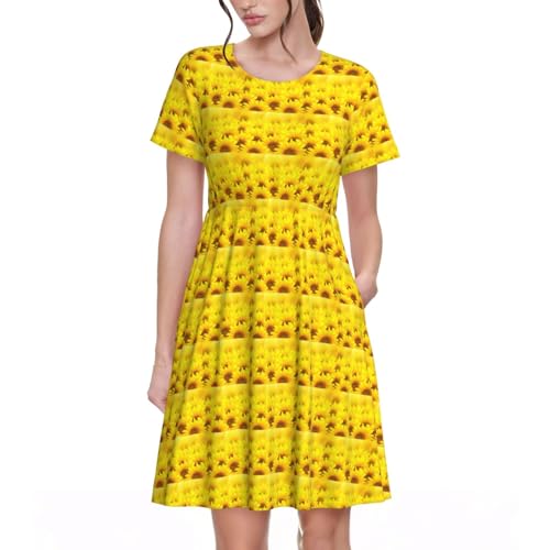 Robe d'été pour femme manches courtes imprimé tournesol jaune fluide