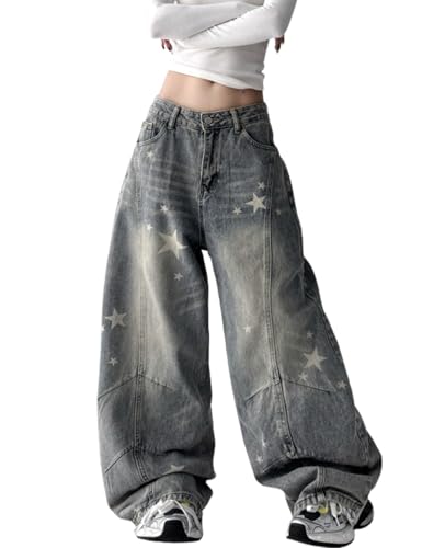 BeRamg Baggy Jeans for Women Men Star Printed Barrel Jeans Low Rise Grunge Boyfriend Denim Pants Streetwear Clothes(Blue3-S)