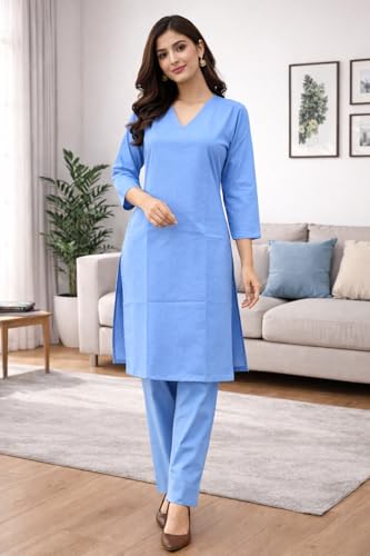 Image of JAIPUR HAND BLOCK Women's Cotton plain Straight Salwar Suit | V-Neck | 3 /4th Sleeve | Regular Fit | Daily, Office & Ethnic Wear(ST00125-V-NEW)