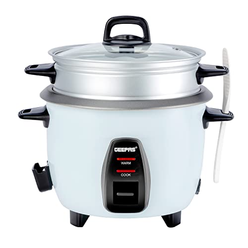 Geepas 450W Rice Cooker & Steamer with Keep Warm Function, 1L | Automatic Cooking, Non-Stick Inner Pot | Make Rice & Steam Healthy Vegetables | Includes Measuring Cup, Spatula & Detachable Power Cord