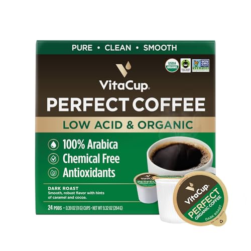 VitaCup Perfect Low Acid Coffee Pods, USDA Organic & Fair Trade, Mycotoxin Free, Dark Roast Guatemala Single Origin, Clean & Pure Single Serve Pod compatible w/Keurig K-Cup Brewers,24 CT