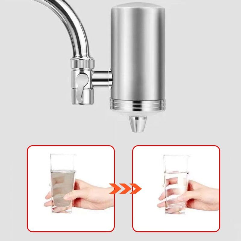 Wasserfilter Wasserhahn Filter Water Filter mit 4 Patronen Ersatzkartusche Reduziert 98% Bakterien Technology Premium Edelstahl- Wasserhahnfilter für Küche, Bad, Wohnmobile Einfach zu Montieren