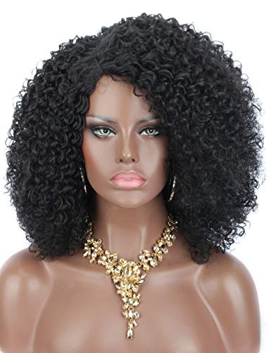 Kalyss Natural Black Short Afro Kinky Curly Wigs for Women Side Curved Part Natural Looking Big,Bouncy and Super Soft Premium Synthetic Afro Curls Wigs for Women